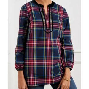 Talbots Tartan Plaid Split Neck Tunic Medium Velvet Trim Long Sleeves NWOT